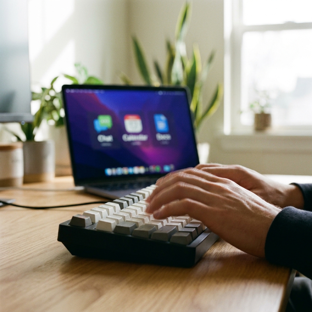 Manos escribiendo en un teclado con íconos de herramientas digitales de fondo, representando las habilidades para un currículum de trabajo remoto