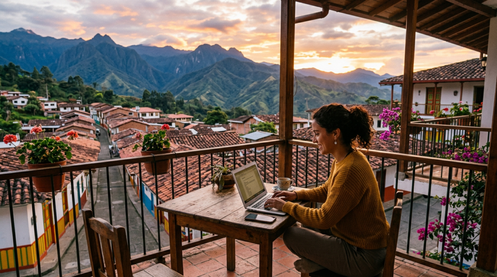 Persona trabajando en trabajo remoto Perú desde un balcón con vista a montañas andinas